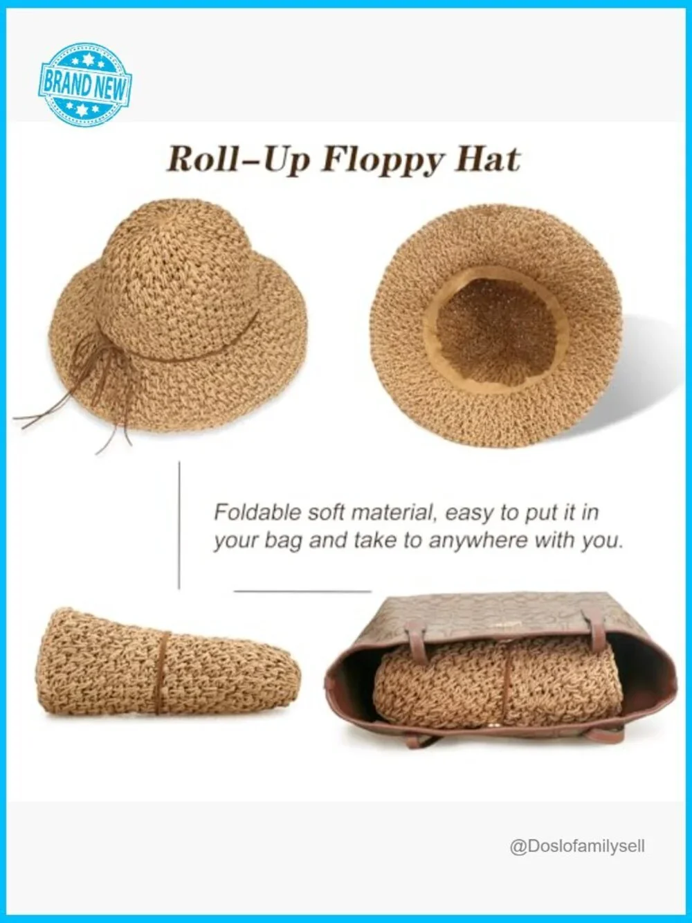 Wide Brim UPF50 Straw Sun Hat Floppy Beach Roll-Up Travel Essential